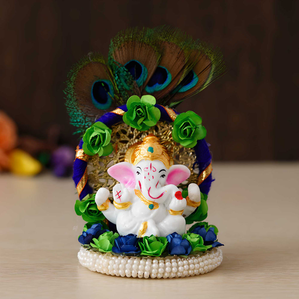 Lord Ganesha Idol Handcrafted Floral Plate with Peacock Feather
