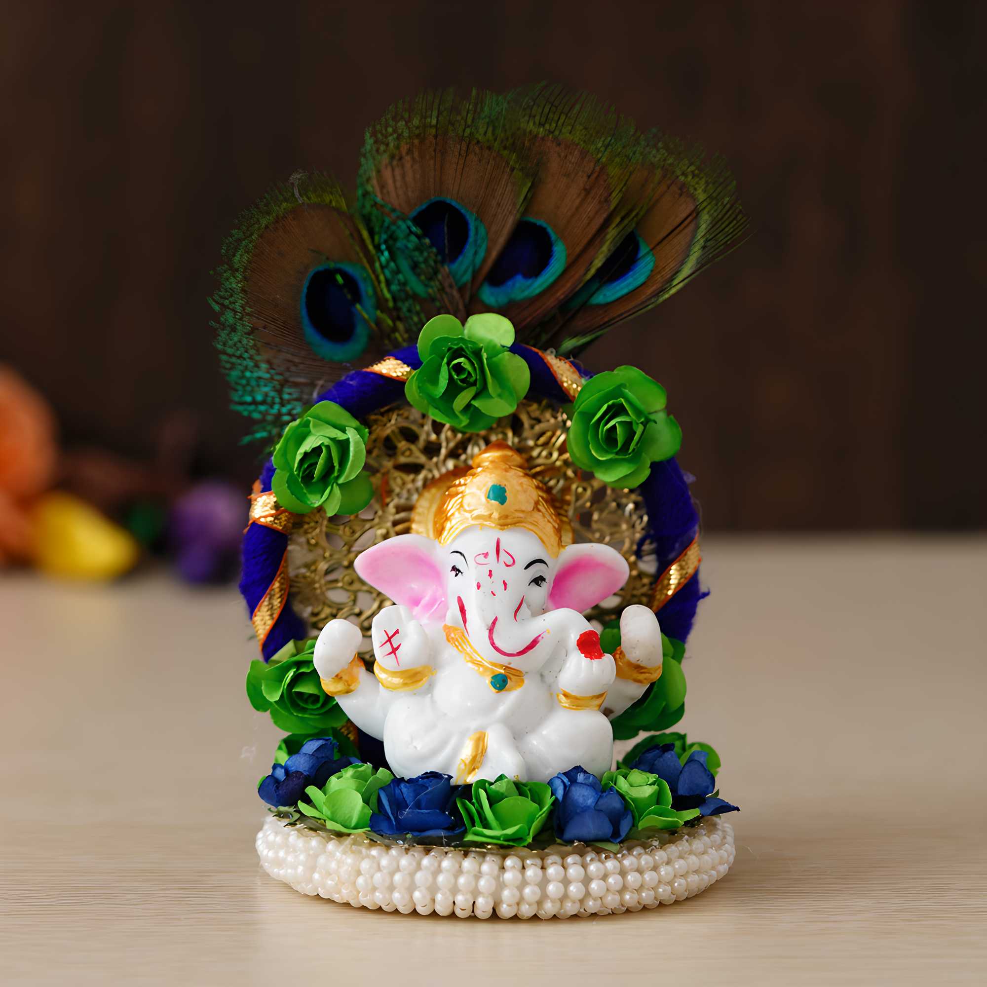 Lord Ganesha Idol Handcrafted Floral Plate with Peacock Feather