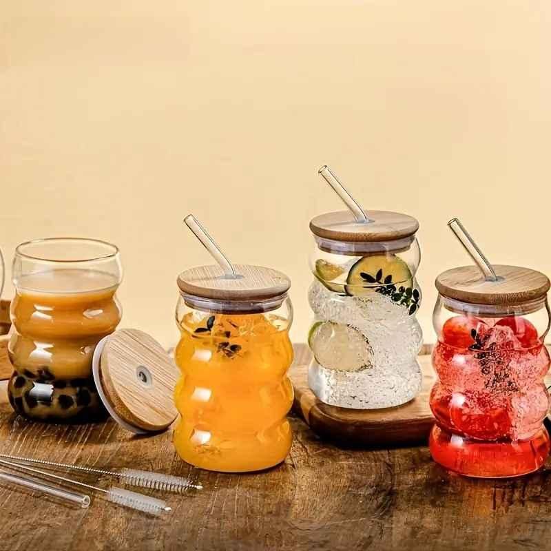 Wave Glass Tumbler with Wooden Lid