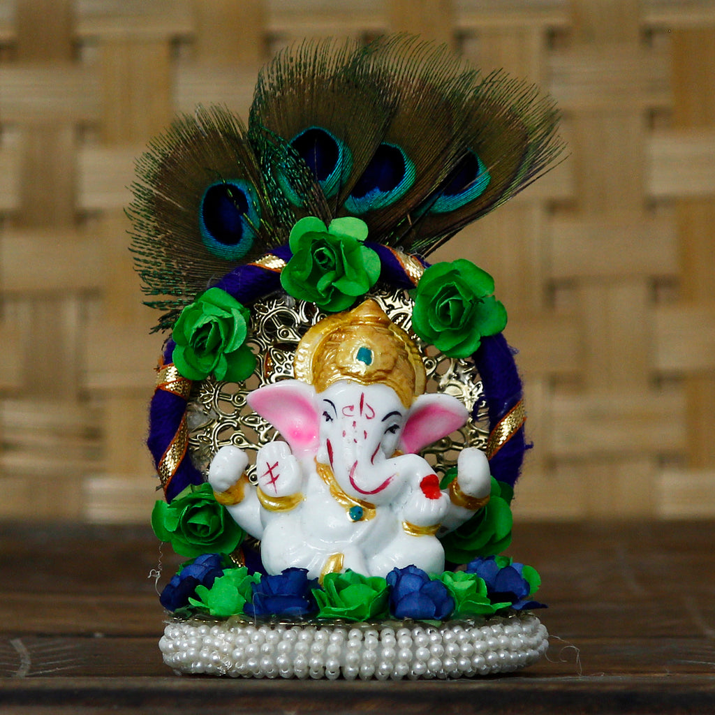 Lord Ganesha Idol Handcrafted Floral Plate with Peacock Feather