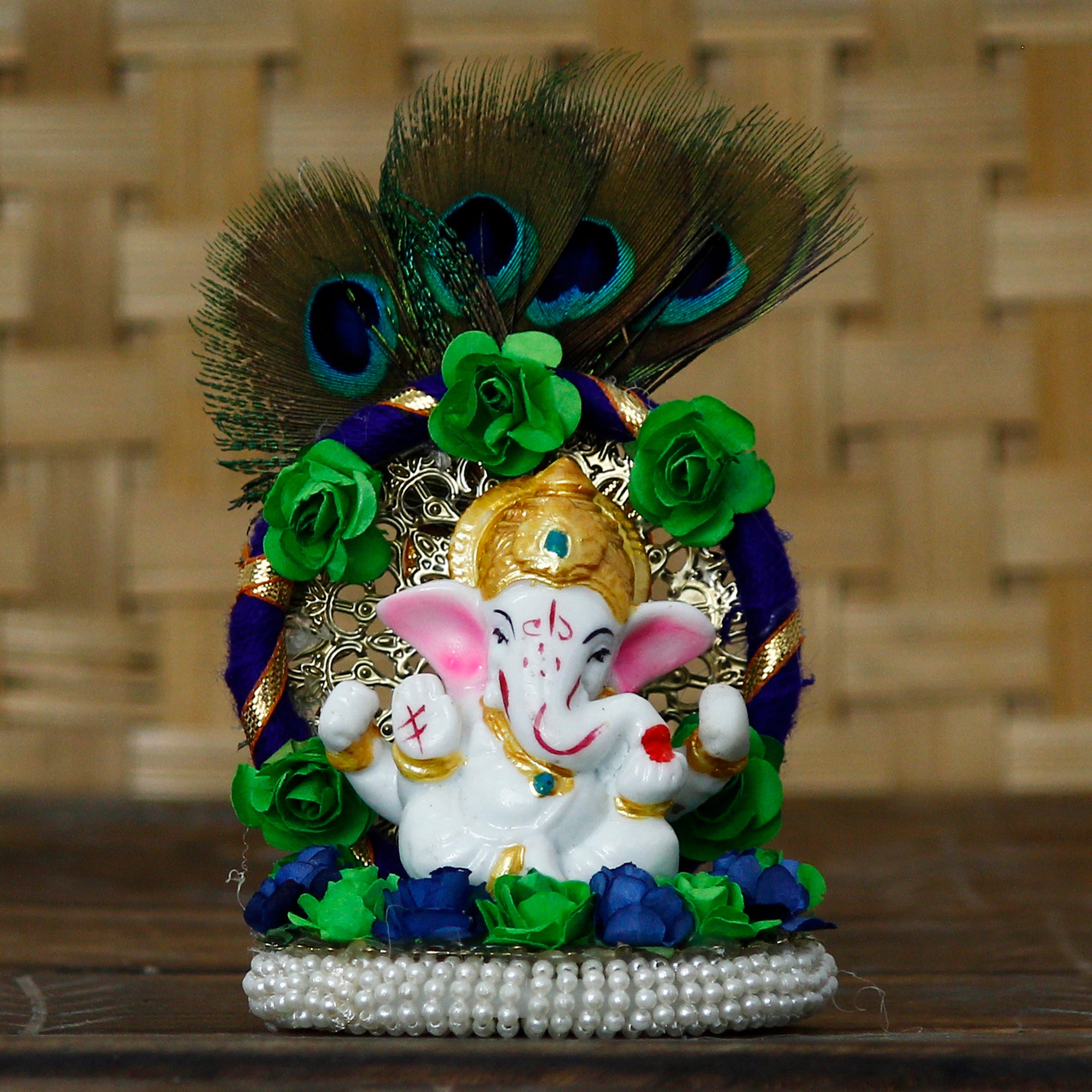 Lord Ganesha Idol Handcrafted Floral Plate with Peacock Feather