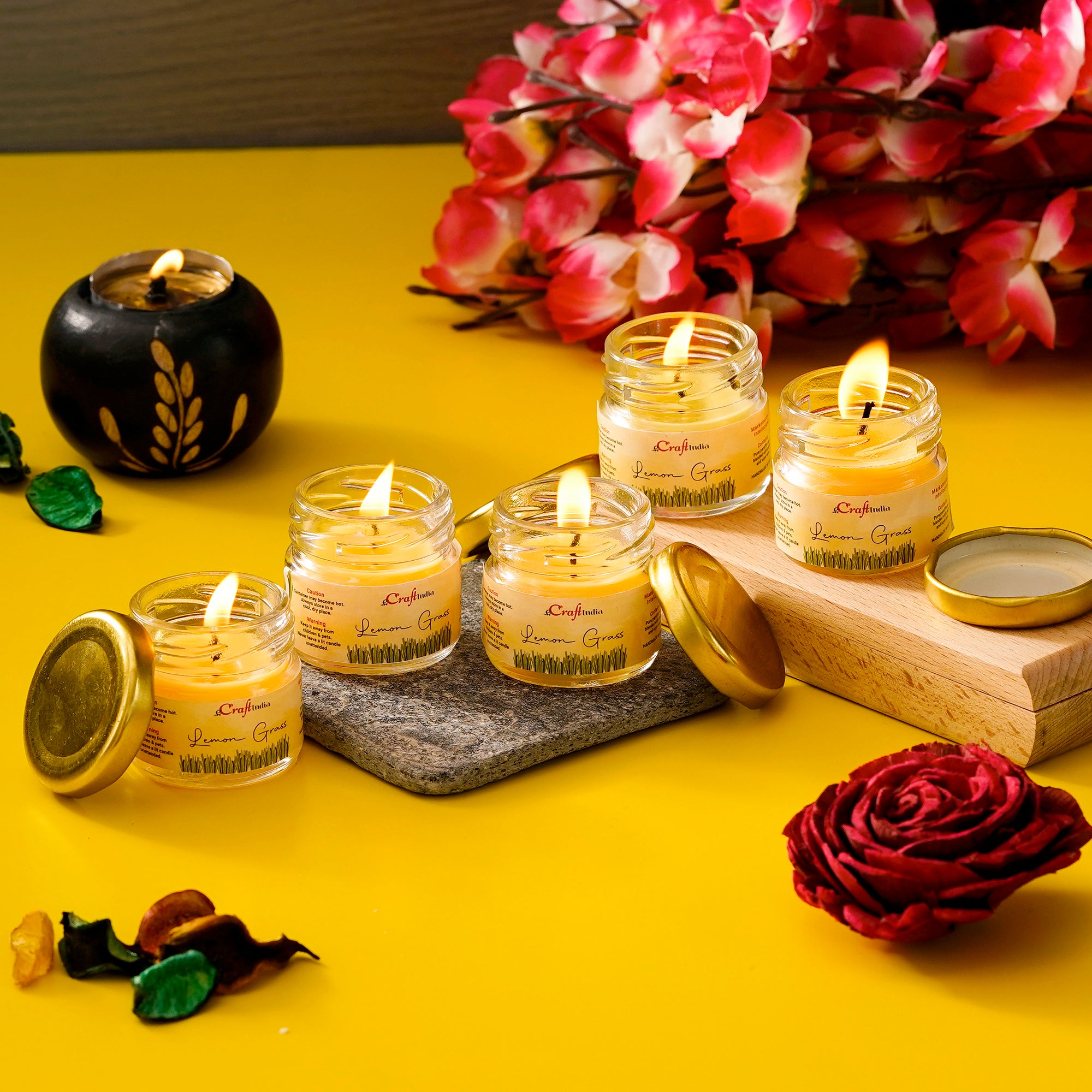 Lemon Grass Scented Mini Jar Candles - Set of 5 Aromatherapy Candles