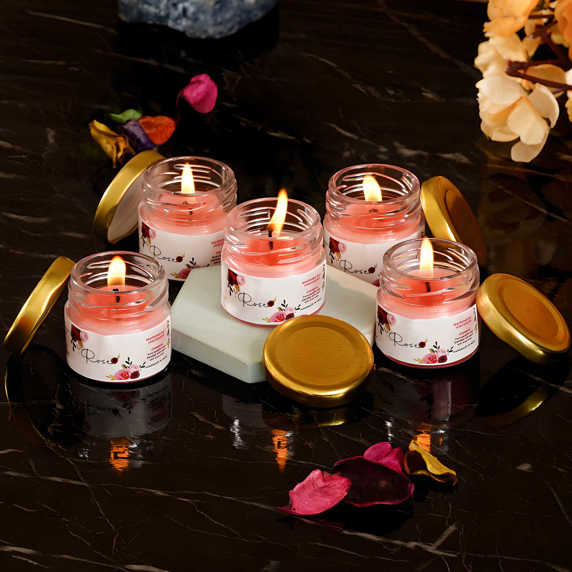 Rose Scented Mini Jar Candles - Set of 5 Romantic Aromatherapy Candles