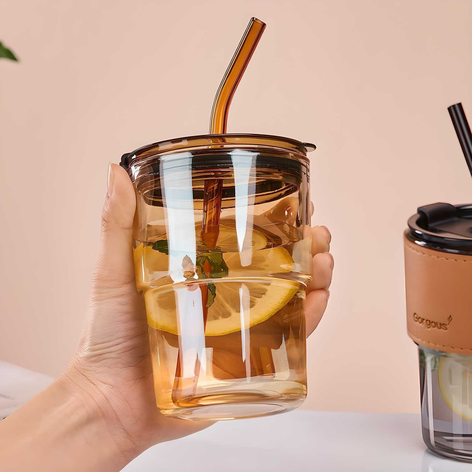 Glass Water Bottle with Bamboo Straw