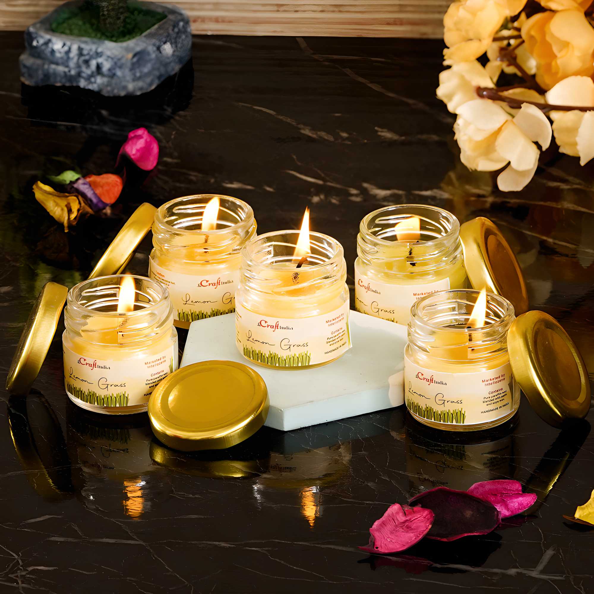 Lemon Grass Scented Mini Jar Candles - Set of 5 Aromatherapy Candles