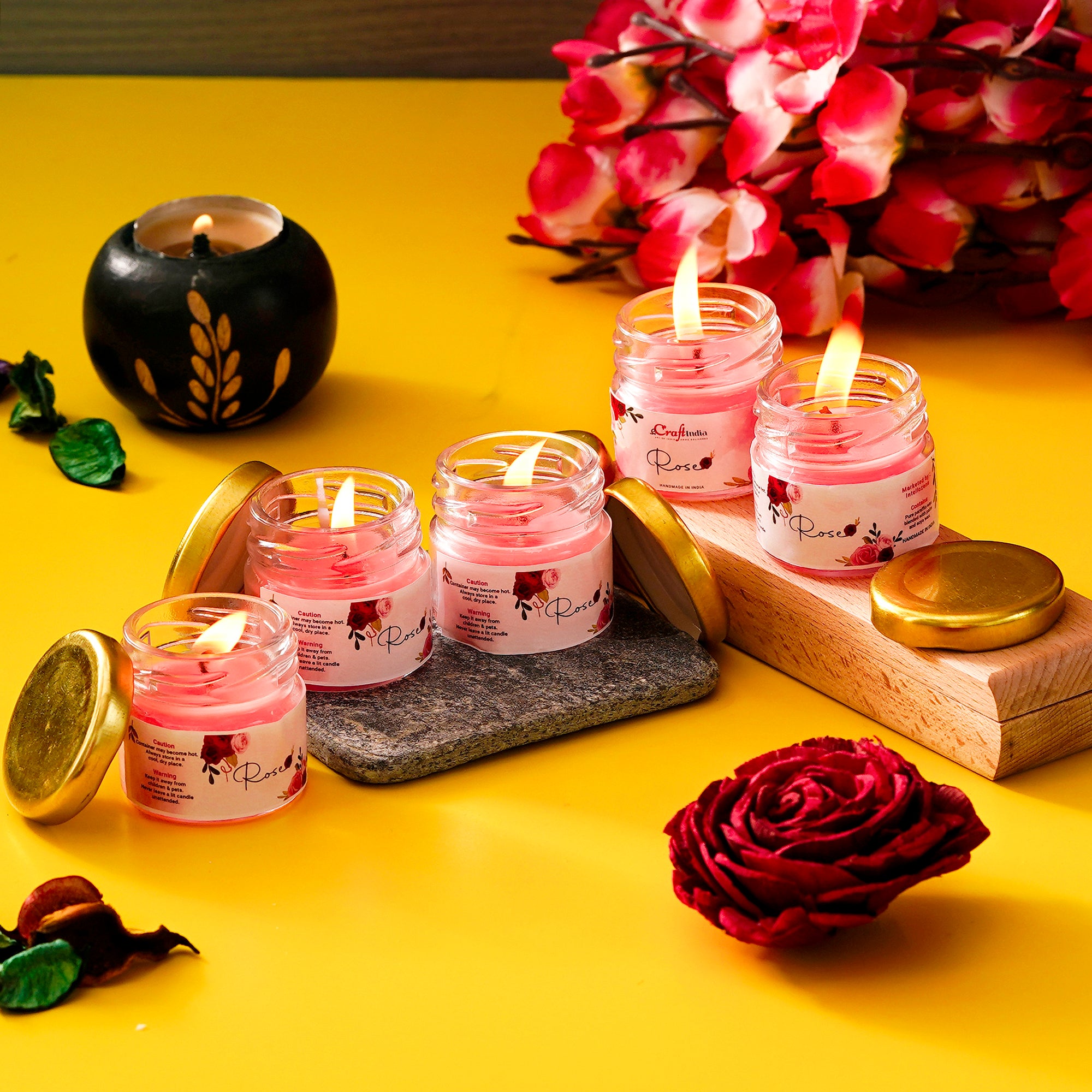 Rose Scented Mini Jar Candles - Set of 5 Romantic Aromatherapy Candles